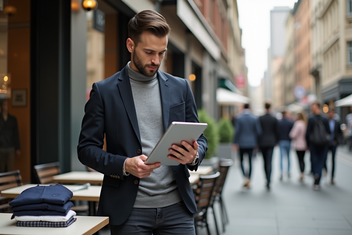 Acheteur de mode regardant un lookbook en extérieur