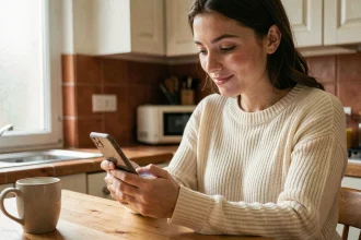 Jeune femme parcourant l'application Vinted sur son smartphone pour trouver des réductions et des frais de port gratuits