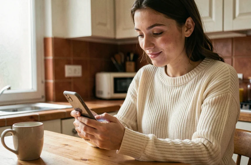 Jeune femme parcourant l'application Vinted sur son smartphone pour trouver des réductions et des frais de port gratuits