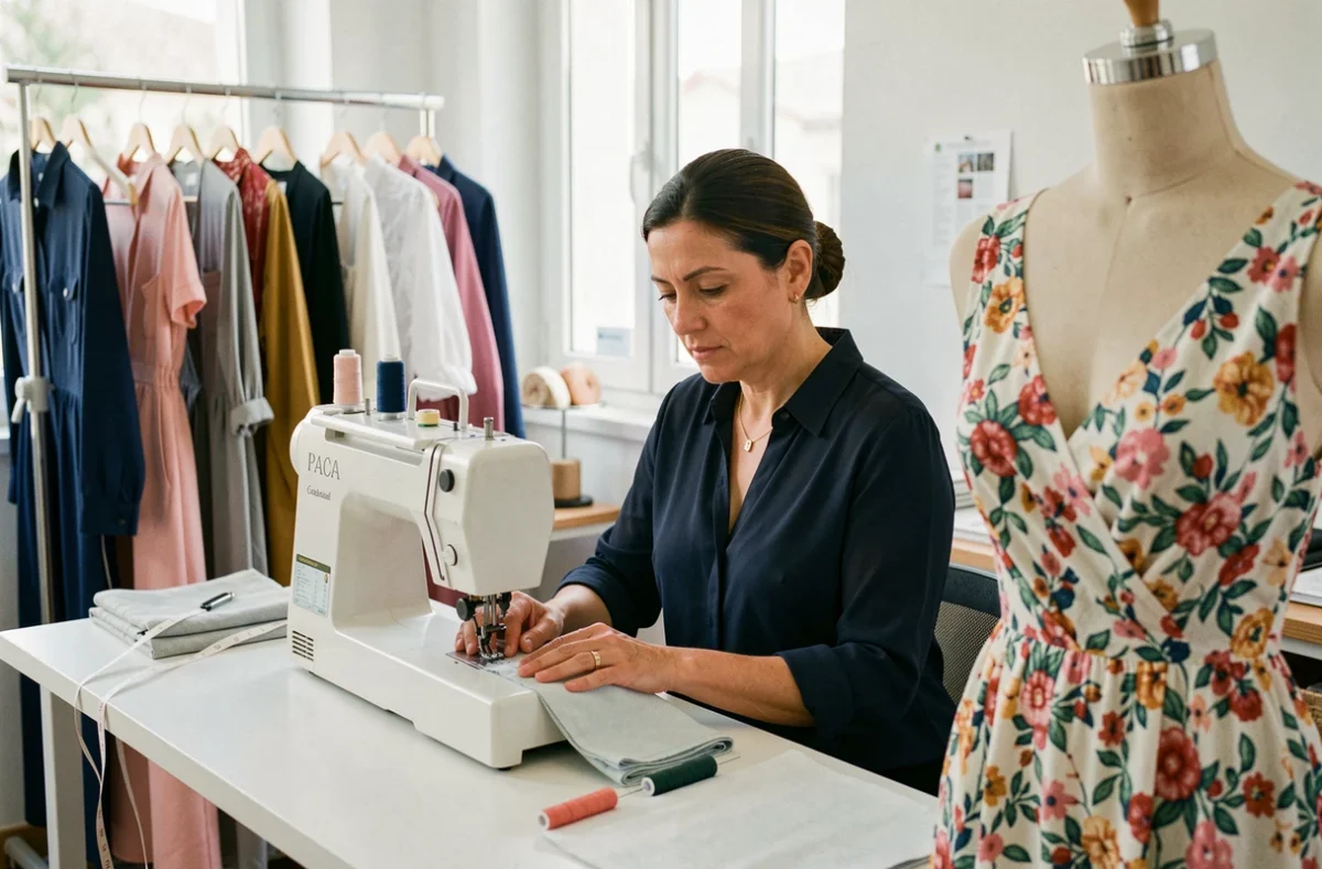 Couturière de L'Aiguille Magique travaillant sur des retouches et créations sur mesure dans son atelier en PACA