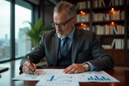 Analyste financier en costume sombre étudiant des graphiques boursiers avec une montre de luxe Richemont au poignet, bureau corporate élégant