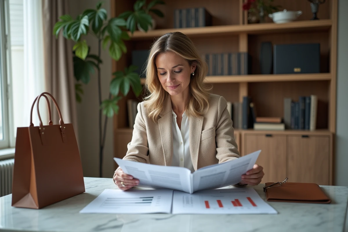 Femme analyste financière examinant des données boursières et un catalogue de marques de luxe dans un bureau élégant, illustrant l'analyse des actions LVMH