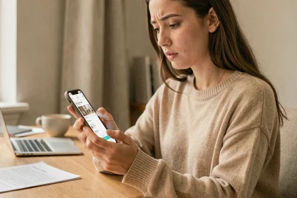 Jeune femme consultant son smartphone pour annuler une commande en ligne sur une application de mode