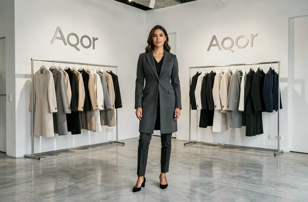 Femme en tenue élégante dans le showroom de la marque de mode féminine Aqor en Isère