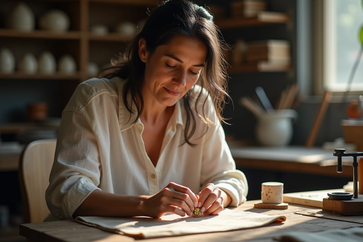 Femme artisane examinant une bague camée sculptée en coquille dans un atelier de gravure traditionnel