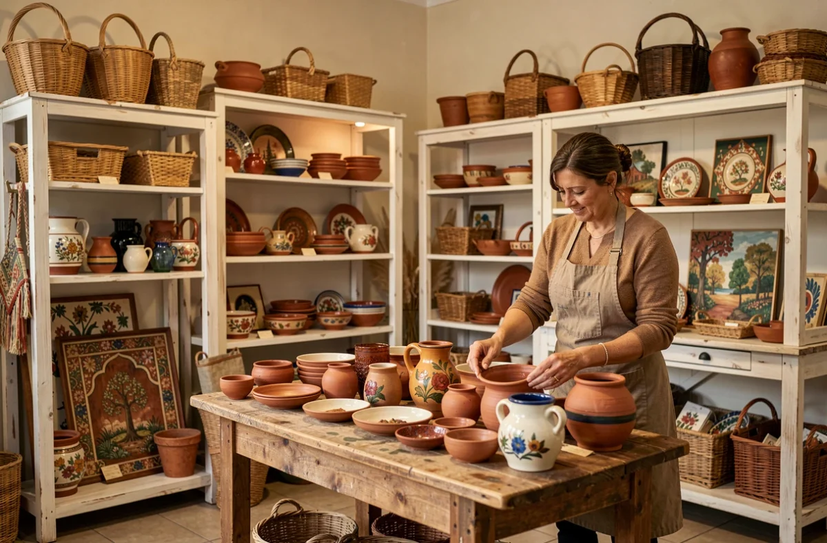 Boutique Arts et Créations à Haguenau avec des objets artisanaux locaux en céramique et textile disposés sur des étagères en bois rustique