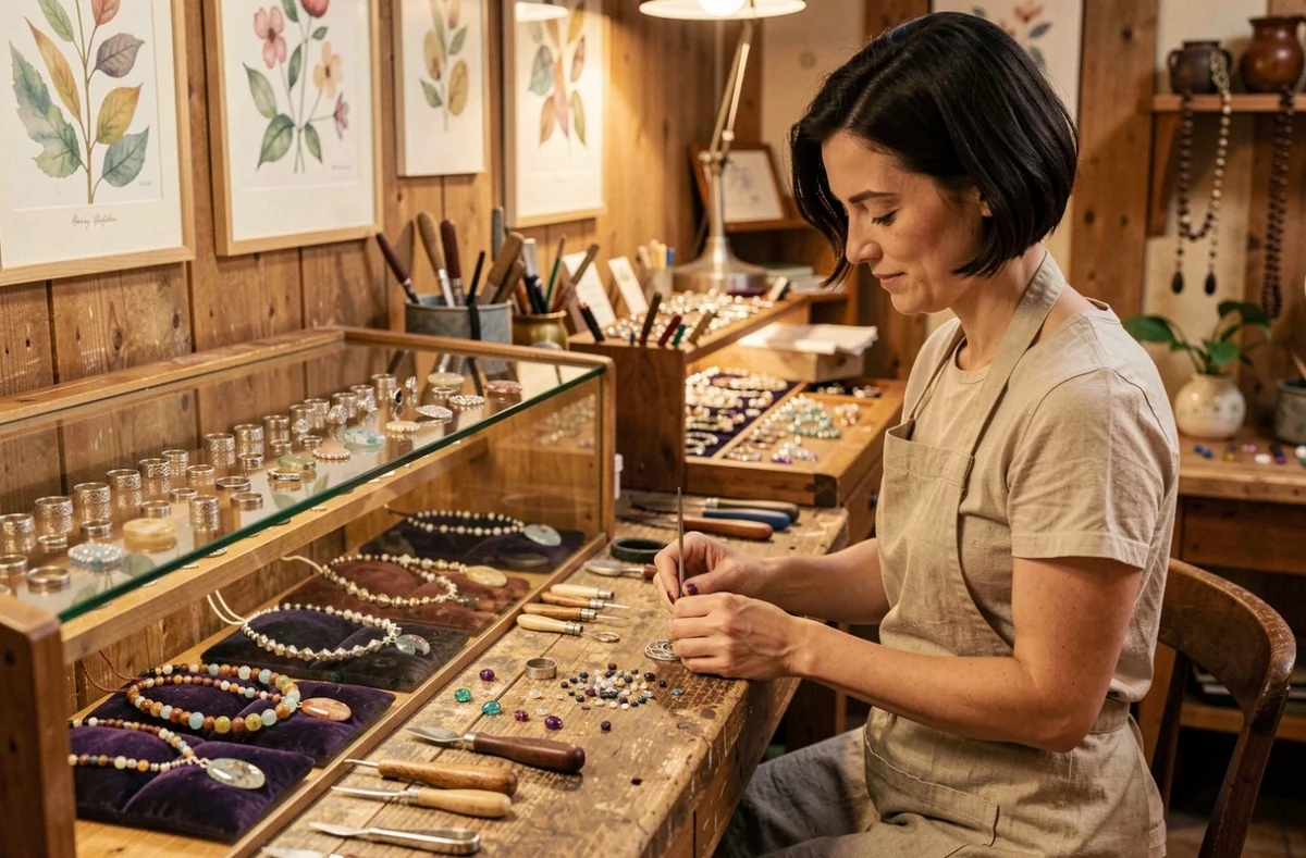 L'Atelier d'Agathe à Nancy avec une bijoutière artisane travaillant sur une pièce en argent entourée d'outils et de pierres fines sur son établi en bois