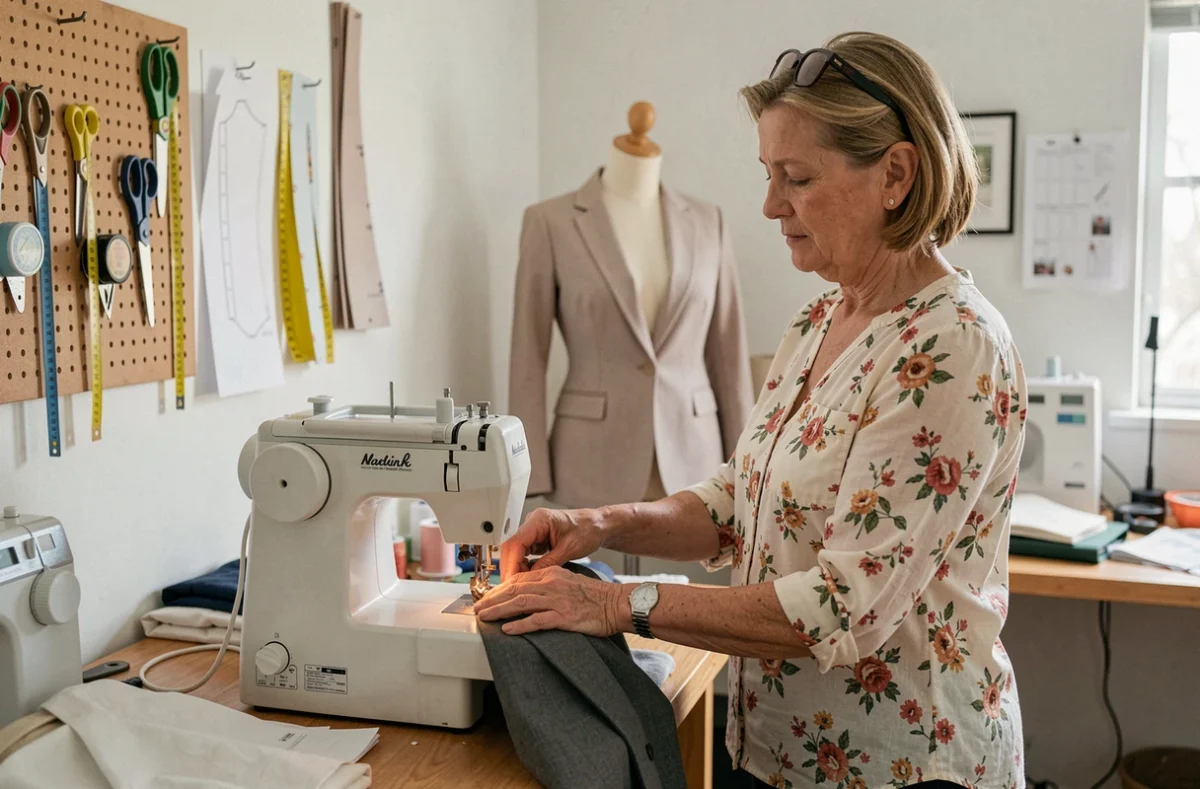 Couturière expérimentée utilisant une machine à coudre dans une chambre aménagée en atelier, pour illustrer l'optimisation des tarifs de retouche couture à domicile