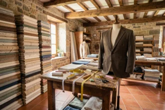 Atelier de tailleur sur mesure en Provence avec des tissus, mannequins et outils de couture traditionnels
