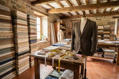 Atelier de tailleur sur mesure en Provence avec des tissus, mannequins et outils de couture traditionnels