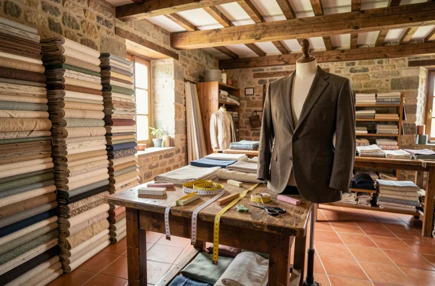 Atelier de tailleur sur mesure en Provence avec des tissus, mannequins et outils de couture traditionnels