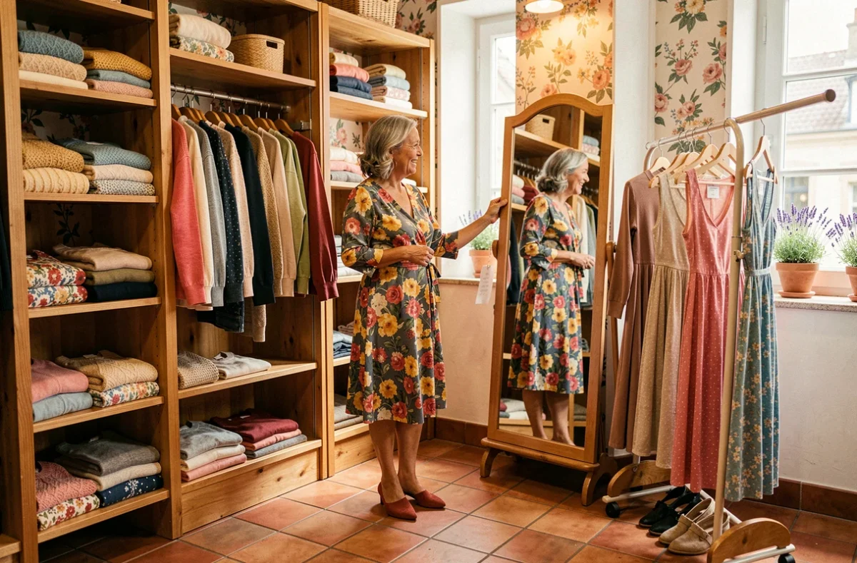 Intérieur de la boutique Au Fil des Saisons à Tomblaine avec une vendeuse aidant une cliente parmi des robes Brigitte Bis colorées