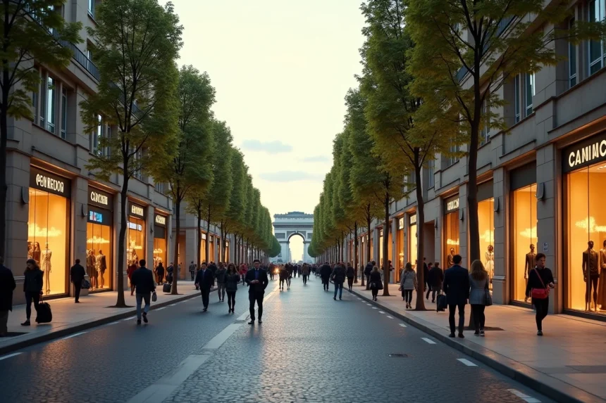 Vue large de l'Avenue des Champs-Élysées avec les boutiques de luxe et l'Arc de Triomphe en arrière-plan