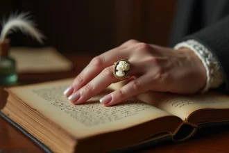 Bague camée ancienne en or avec portrait en profil ivoire portée sur une main de femme posée sur un livre ancien