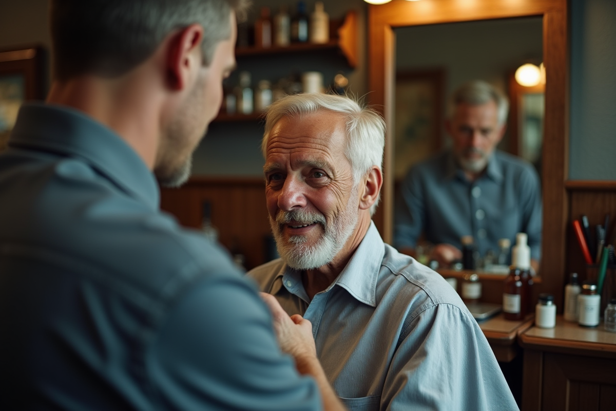 Homme recevant une coupe dans un barbershop vintage