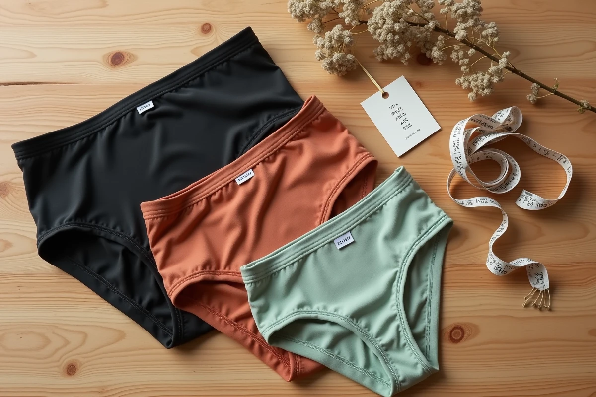 Flat lay de plusieurs bas de maillot de bain menstruels mademoiselleculotte en différentes tailles et coloris avec guide de tailles, vue de dessus
