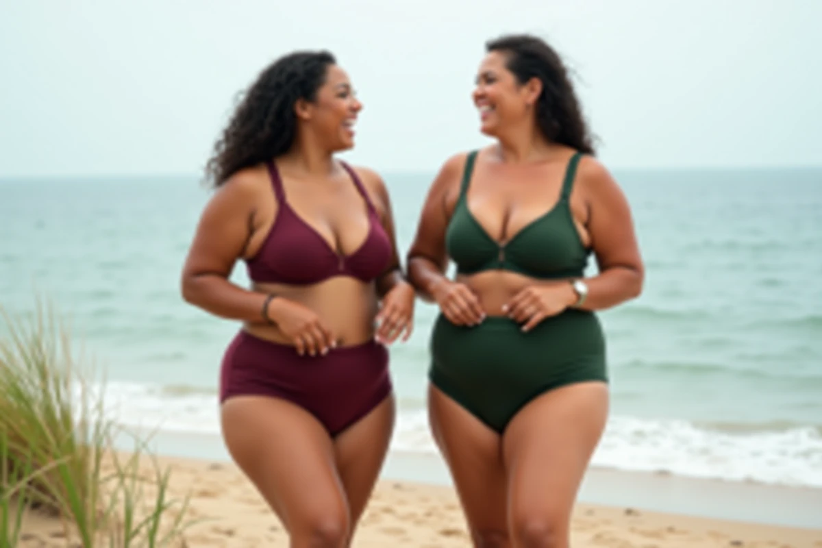Deux femmes aux morphologies différentes portant des bas de maillot de bain menstruels mademoiselleculotte sur une plage, illustrant le guide des tailles