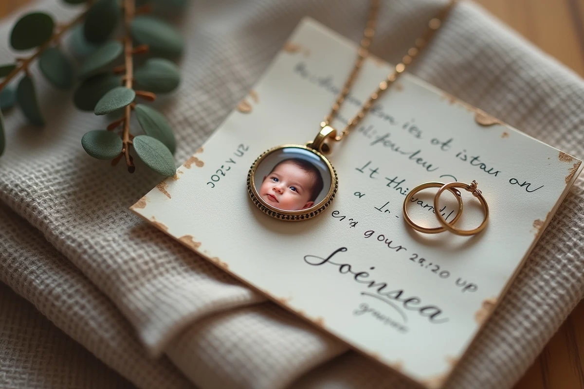 Bijou de projection photo pour naissance avec bracelet de maternité et carte de naissance artisanale en flat lay