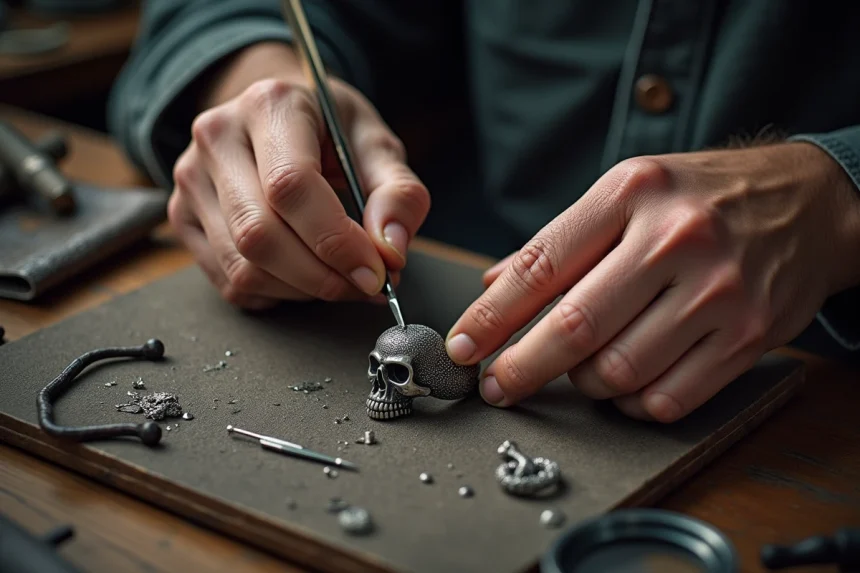 Bijoutier artisan gravant à la main une bague tête de mort en argent oxydé sur mesure dans un atelier de joaillerie traditionnel
