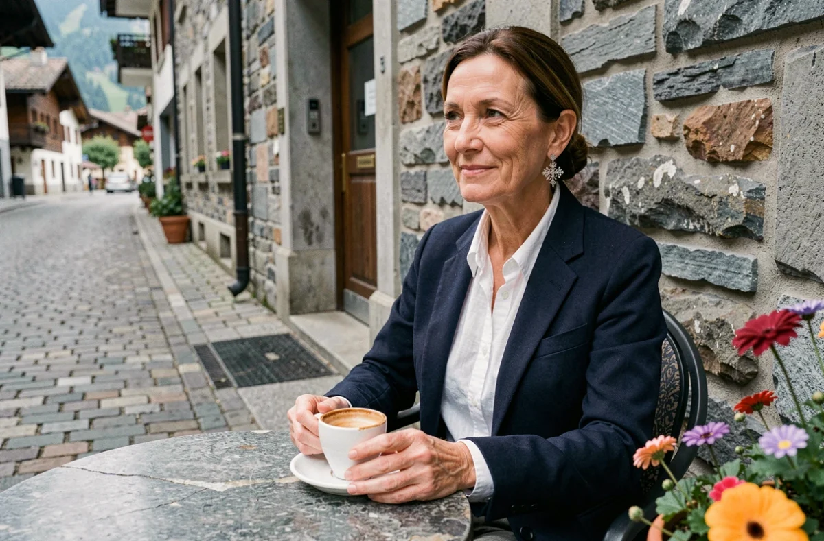 Femme élégante portant des boucles d'oreilles savoyardes en argent filigrane dans un café de village alpin, style chic et contemporain