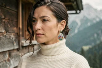 Femme portant des boucles d'oreilles savoyardes traditionnelles en émail avec un pull col roulé moderne, look élégant et authentique