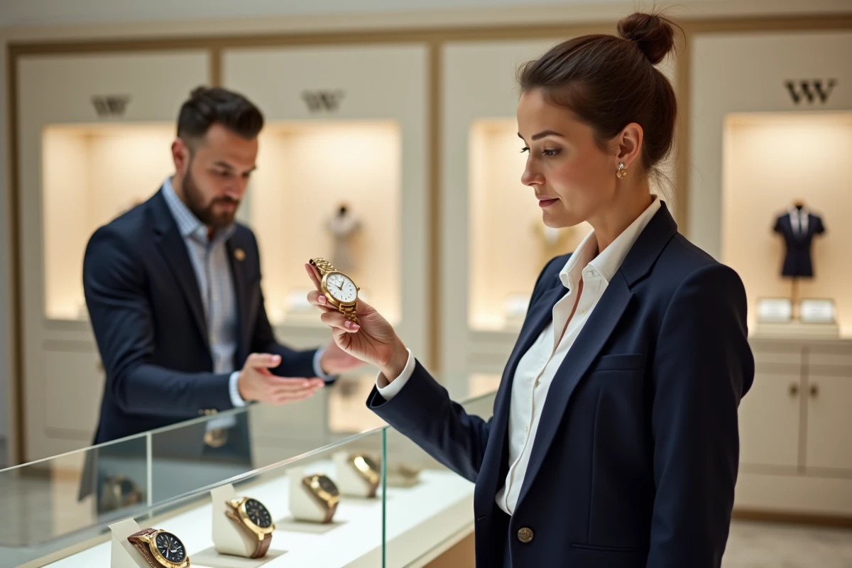 Femme cadre examinant une montre de luxe dans une boutique horlogère haut de gamme, contexte d'investissement dans les montres Richemont 2026
