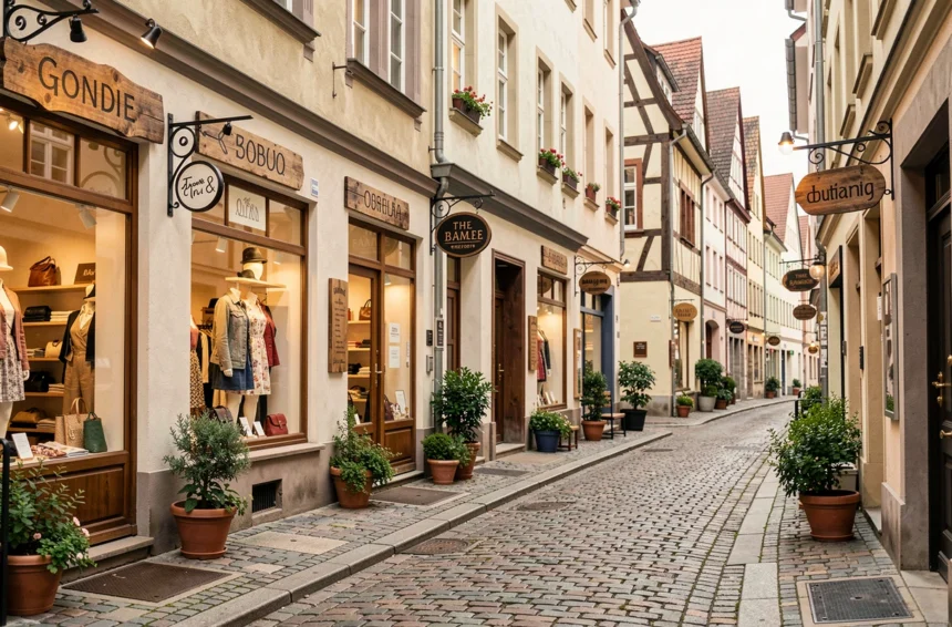 Rue commerçante du Grand Est avec des boutiques de créateurs indépendants aux devantures élégantes et typiques de la région Alsace-Lorraine