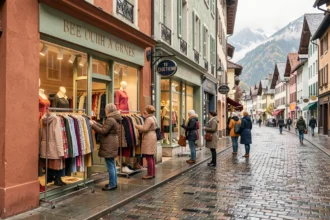 Vue d'ensemble d'une rue commerçante de l'Isère avec des boutiques de prêt-à-porter féminin et des femmes qui font du shopping