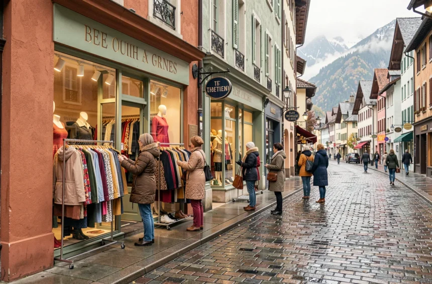 Vue d'ensemble d'une rue commerçante de l'Isère avec des boutiques de prêt-à-porter féminin et des femmes qui font du shopping