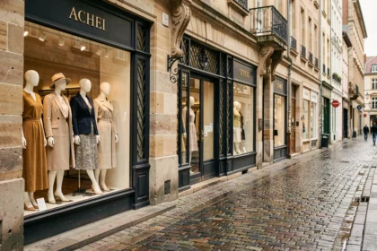 Rue commerçante d'une ville de Meurthe-et-Moselle avec des vitrines de boutiques de prêt-à-porter féminin élégantes