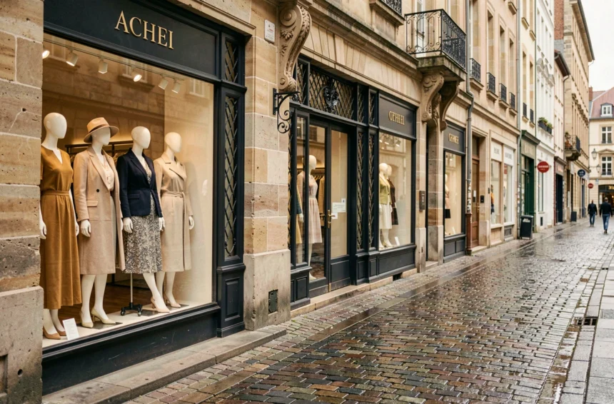 Rue commerçante d'une ville de Meurthe-et-Moselle avec des vitrines de boutiques de prêt-à-porter féminin élégantes