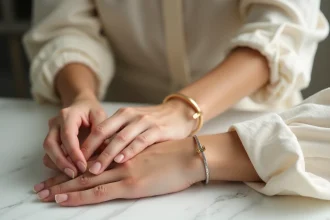 Femme portant un bracelet en or et un bracelet en argent au même poignet pour comparer les deux métaux précieux
