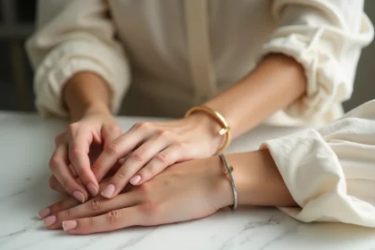 Femme portant un bracelet en or et un bracelet en argent au même poignet pour comparer les deux métaux précieux