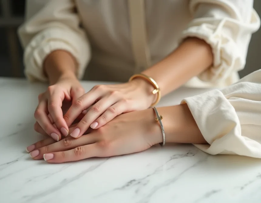 Femme portant un bracelet en or et un bracelet en argent au même poignet pour comparer les deux métaux précieux