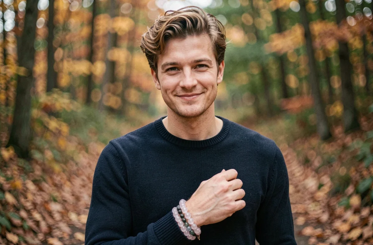 Jeune homme en forêt automnale portant un bracelet en quartz rose et labradorite, ambiance naturelle et authentique illustrant les bienfaits des pierres en lithothérapie pour homme