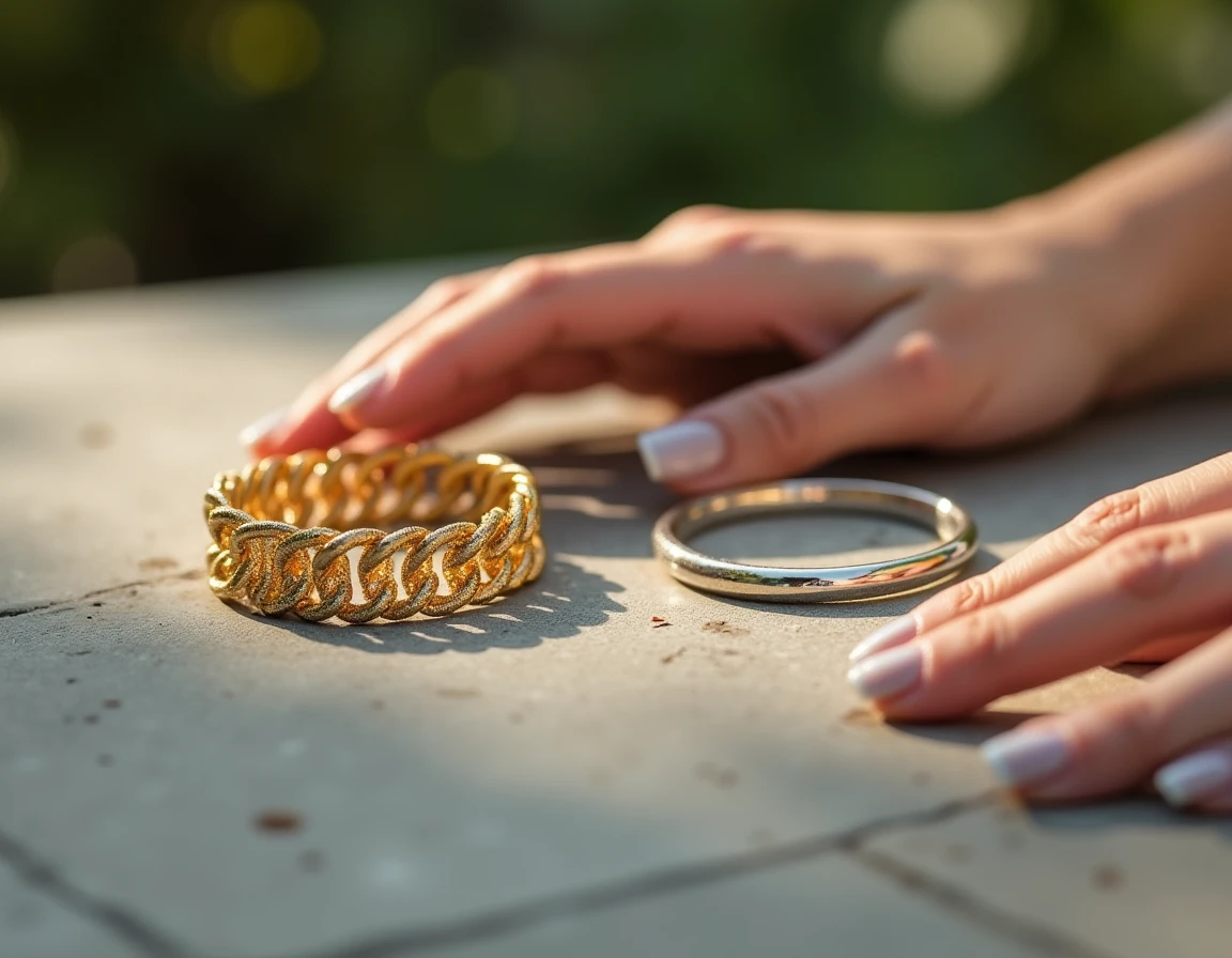 Deux bracelets féminins en or et en argent posés sur une surface en pierre avec des mains encadrant le choix