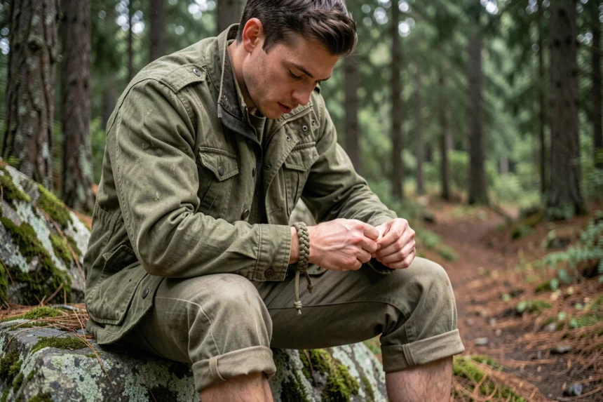 Homme en veste de terrain ajustant un bracelet paracord sur un rocher en forêt de conifères, style outdoor authentique