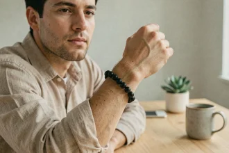 Homme portant un bracelet en pierre d'obsidienne noire matte sur son poignet, tenue décontractée en lin, ambiance minimaliste et apaisante pour illustrer la lithothérapie masculine