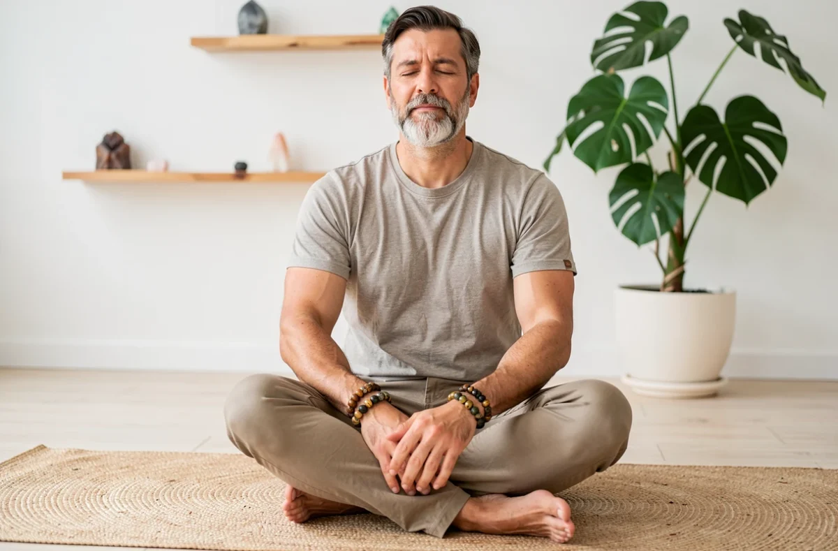 Homme en méditation portant des bracelets en pierres naturelles tiger eye et lave sur les deux poignets, posture zen sur tapis de yoga, contexte bien-être et lithothérapie