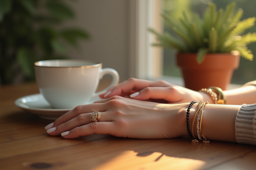 Main d'une femme portant des bijoux durables avec tasse en céramique