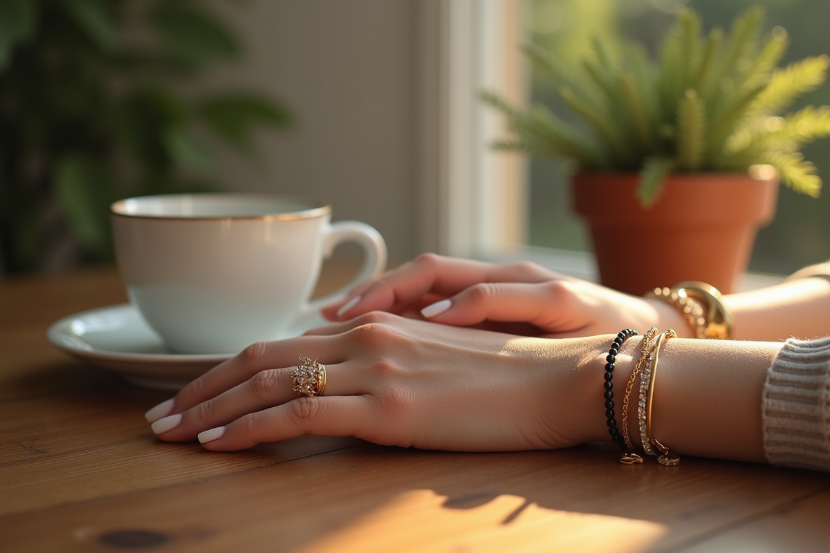 Main d'une femme portant des bijoux durables avec tasse en céramique