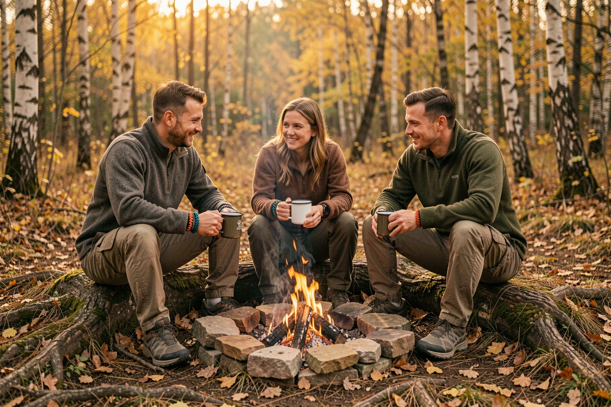 Groupe d'amis en tenue outdoor autour d'un feu de camp en forêt, arborant des bracelets paracord colorés