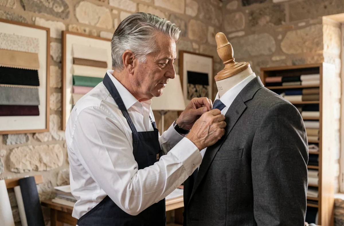 Tailleur Carmelo Bianca ajustant un costume sur mesure gris charbon dans son atelier près d'Aix-en-Provence