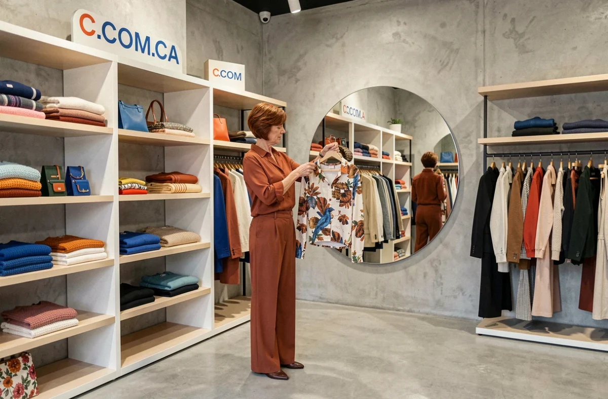 Boutique C.COM.CA à Nancy avec une femme élégante examinant des vêtements de mode contemporains sur des portants colorés