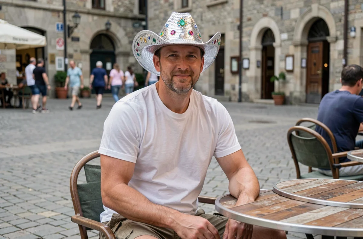 Homme avec un chapeau de cowboy à paillettes brillantes et une tenue décontractée inadaptée dans un café en terrasse, illustrant les erreurs d'association de style avec les chapeaux western