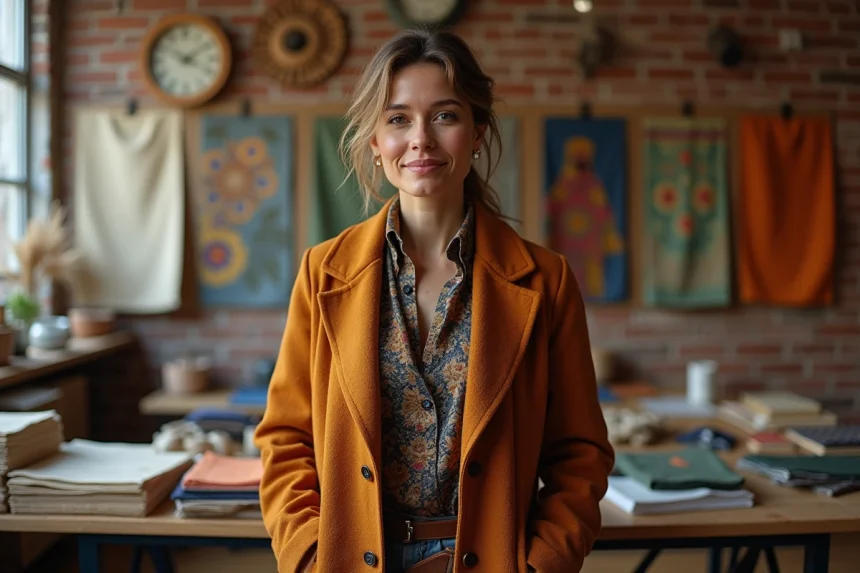 Créatrice de mode aux origines multiculturelles dans son atelier de création, entourée d'influences culturelles et de tissus artisanaux