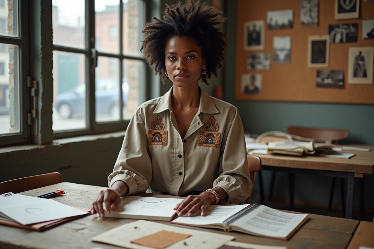 Styliste travaillant sur des carnets de croquis mêlant influences africaines et latino-américaines dans un espace de travail authentique