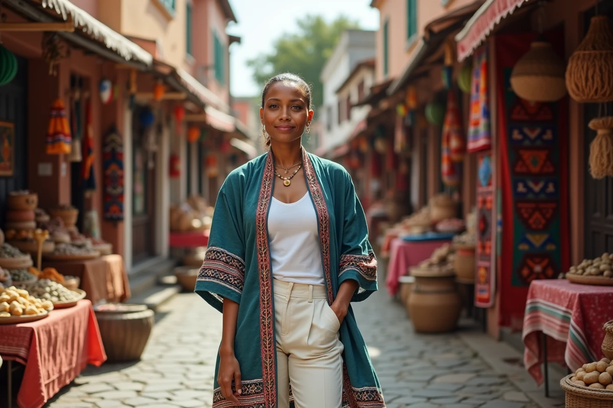 Femme créatrice de mode inspectant un marché artisanal coloré, vêtue d'un manteau aux motifs géométriques culturels
