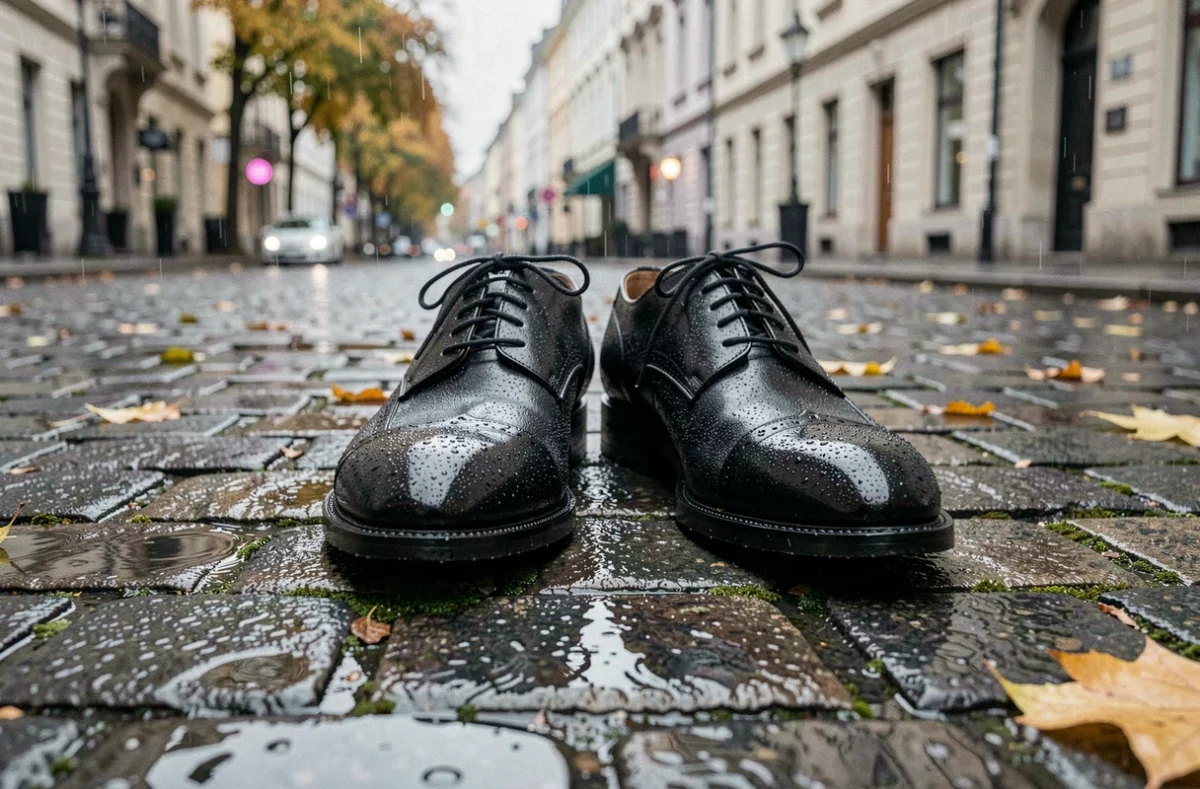 Chaussures en cuir imperméabilisées sur des pavés mouillés sous la pluie d'automne en ville