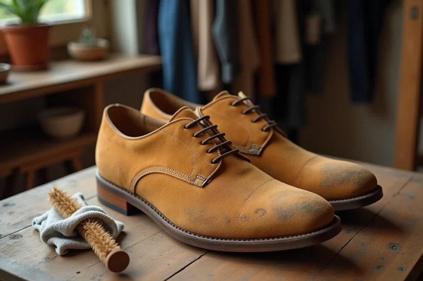 Paire de chaussures en daim beige usées posées sur une table en bois, montrant des taches et des fibres écrasées malgré un entretien classique insuffisant